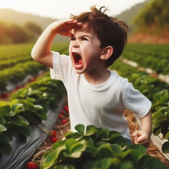 a young boy standing in a field of strawberries