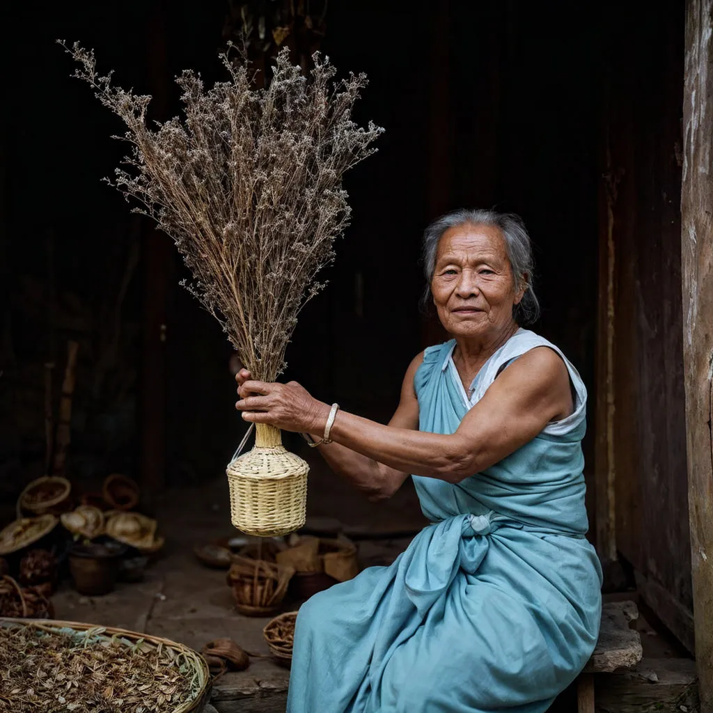 A village elder holding a bundle of dried herbs and chanting incantations, performing a ritual to banish the wicked housemaid from the village and protect its inhabitants from harm.