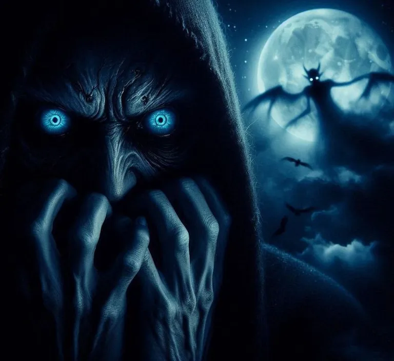 a man with blue eyes covers his face in front of a full moon