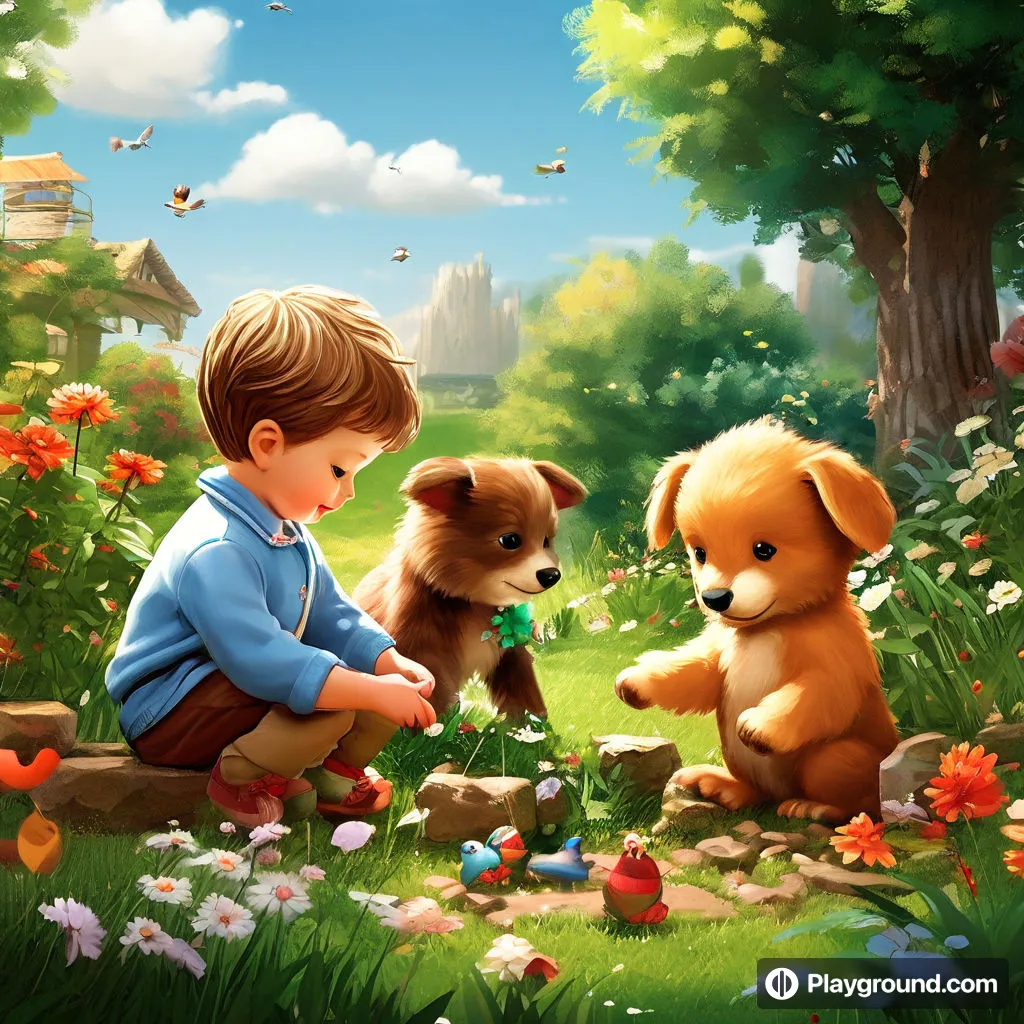 a little boy kneeling down next to two puppies