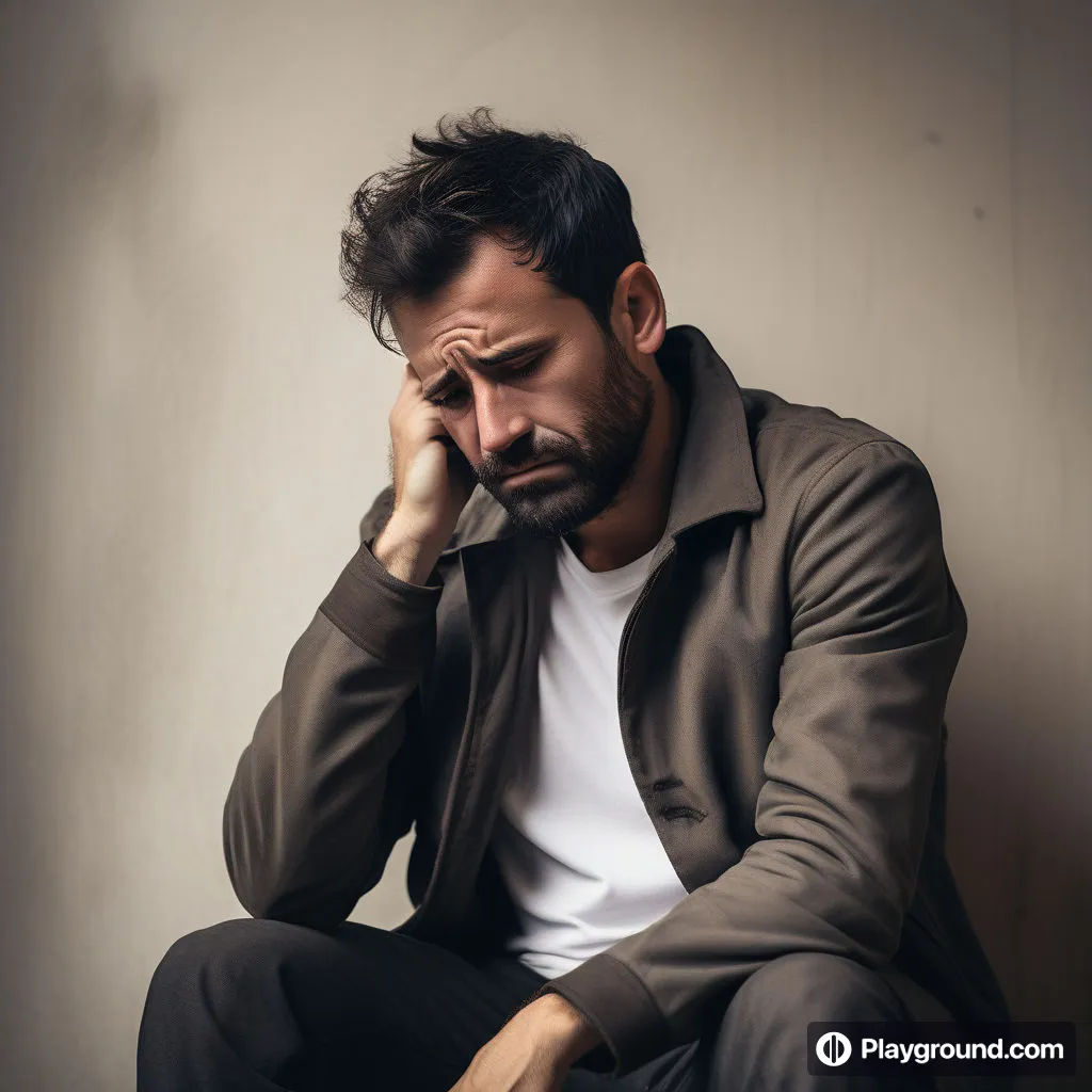 a man sitting SAD down with his hand on his head