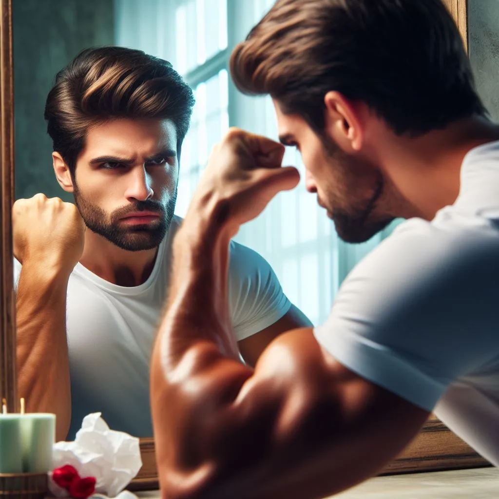 a man looking at himself in the mirror