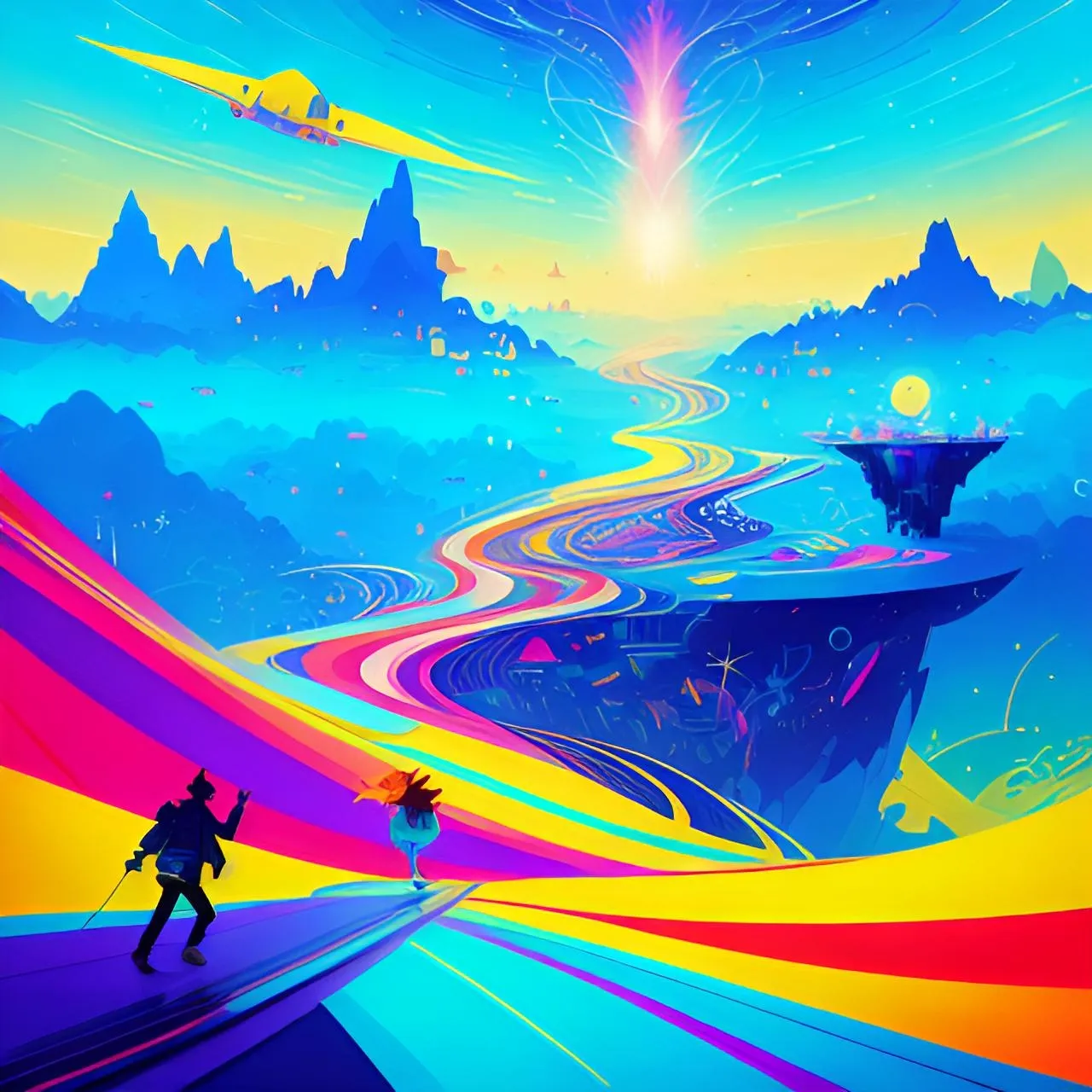 a painting of a man walking across a colorful landscape