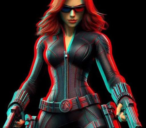 a woman in a black widow suit holding a gun