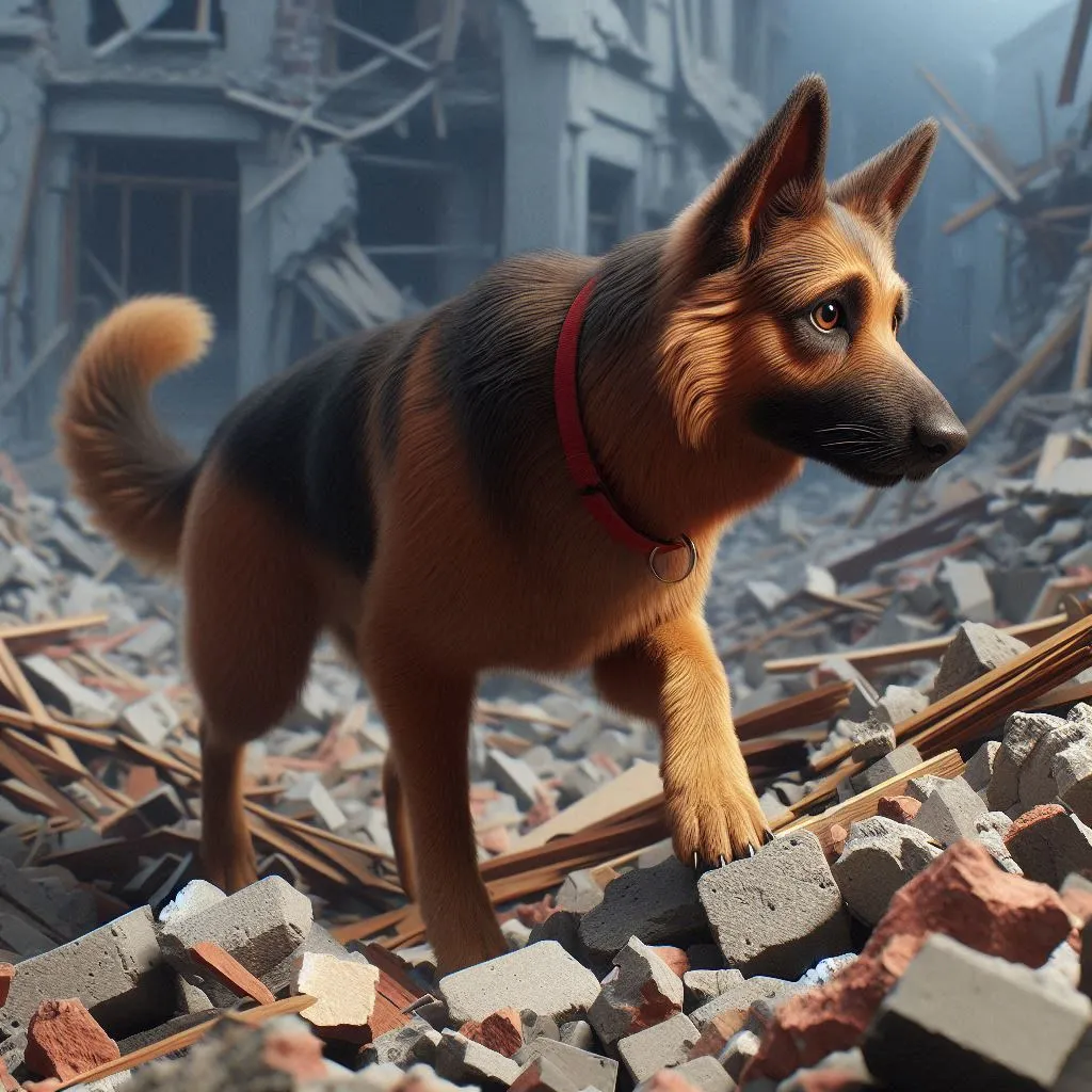 a dog standing on top of a pile of rubble