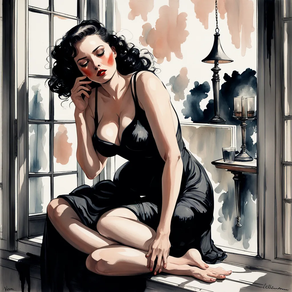 a painting of a woman sitting on a window sill