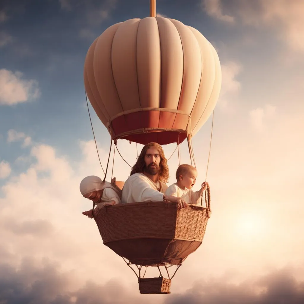 a man and two children in a hot air balloon