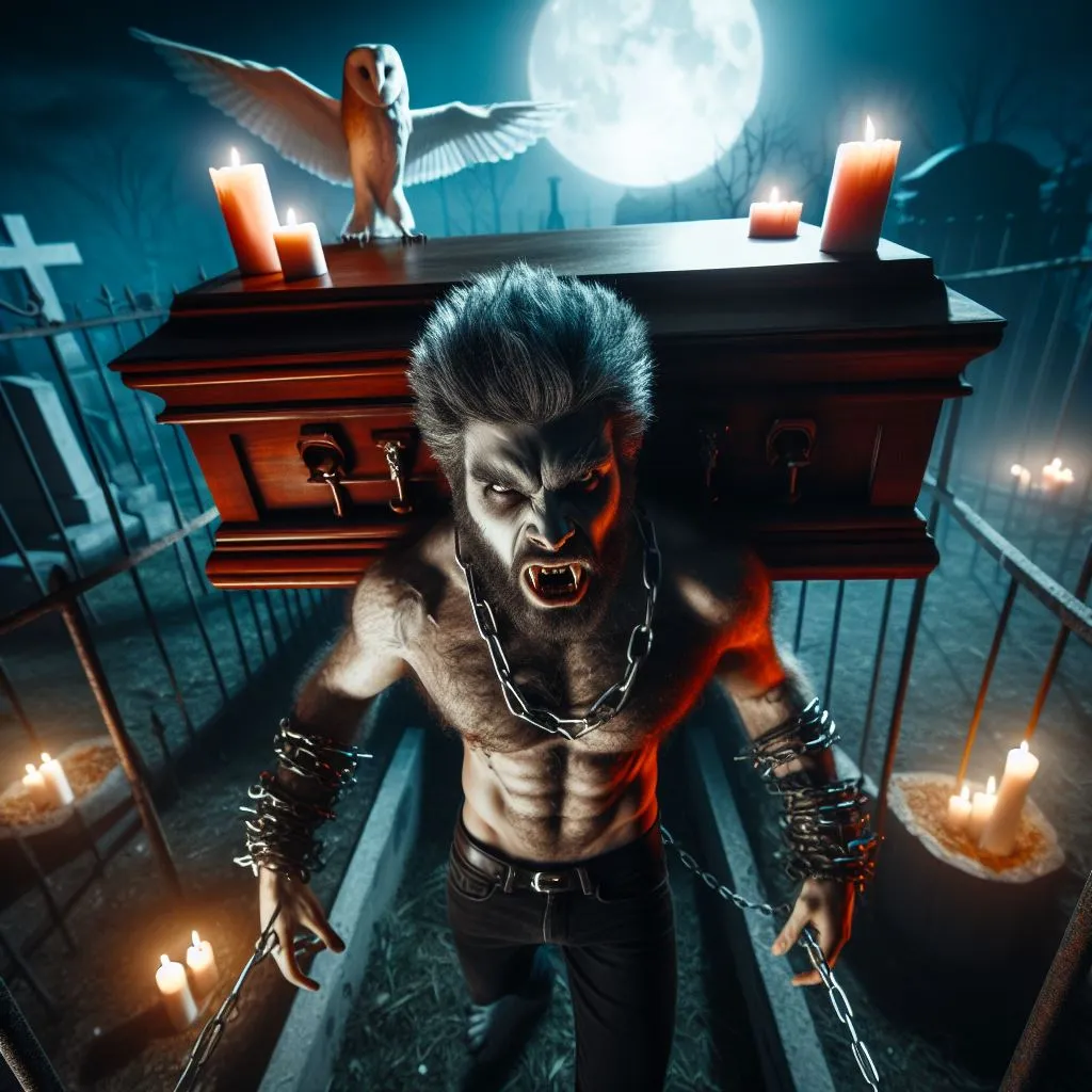 werewolf, with a coffin on his back, 3 candles on the coffin, chains around his waist and hands, seen from the back, misty night