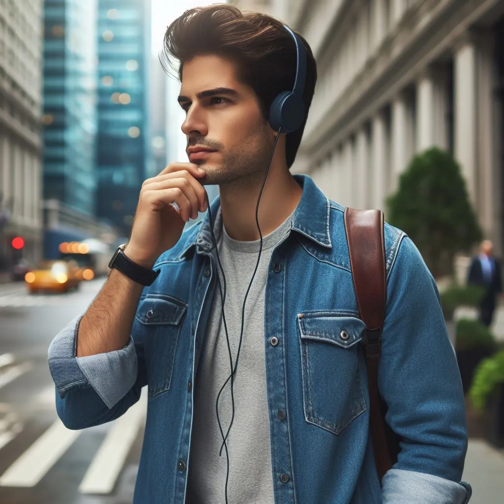 image of a man walking thoughtfully down the street while listening to MP3 music from his cell phone