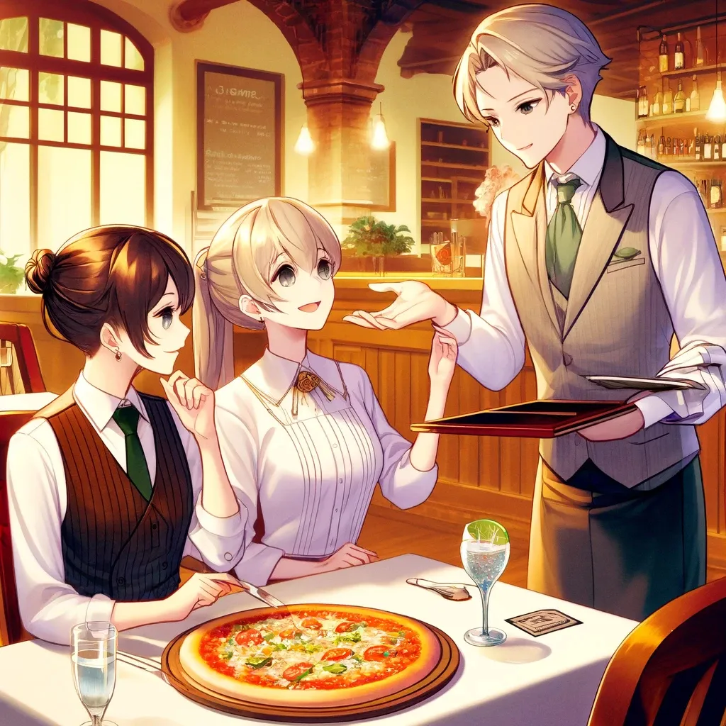 a couple of people that are standing in front of a pizza