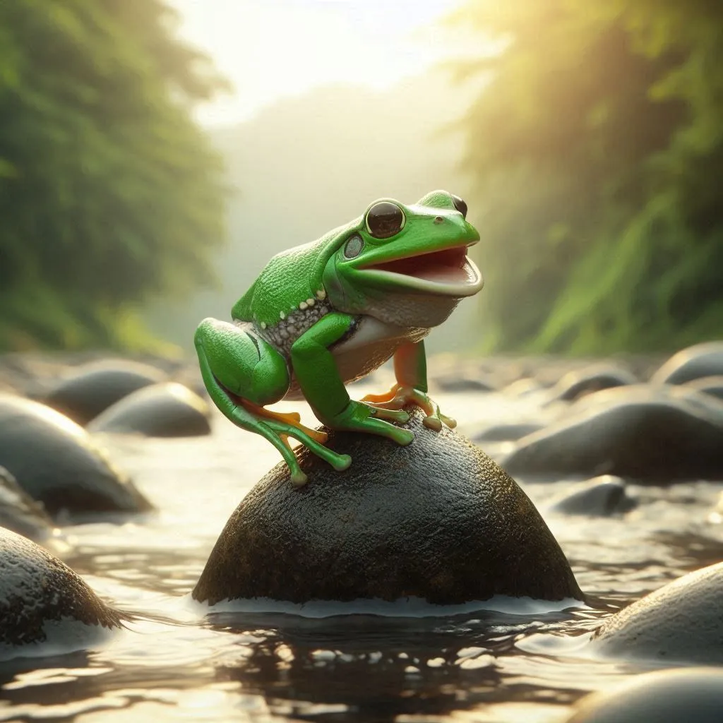 a frog sitting on a rock in a stream