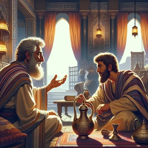 a painting of two men talking to each other