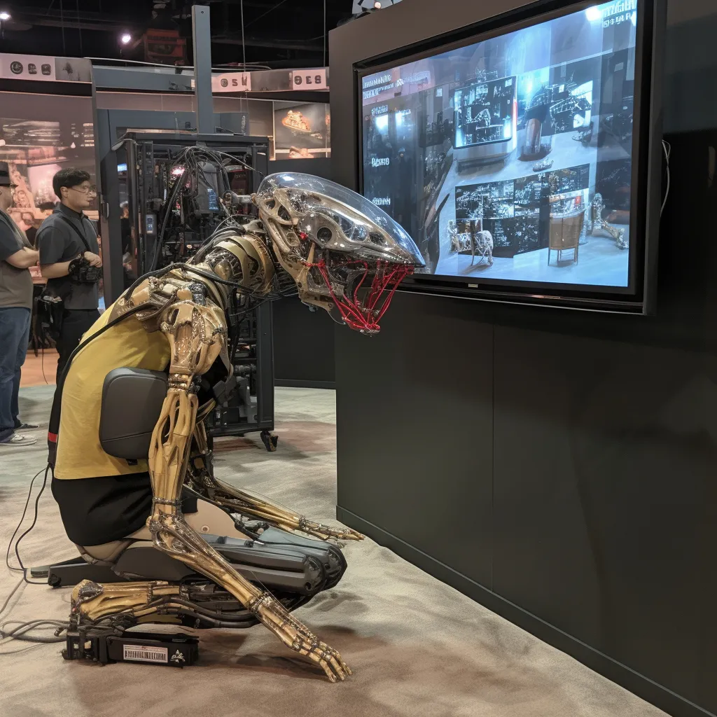 a robot sitting on the ground in front of a tv