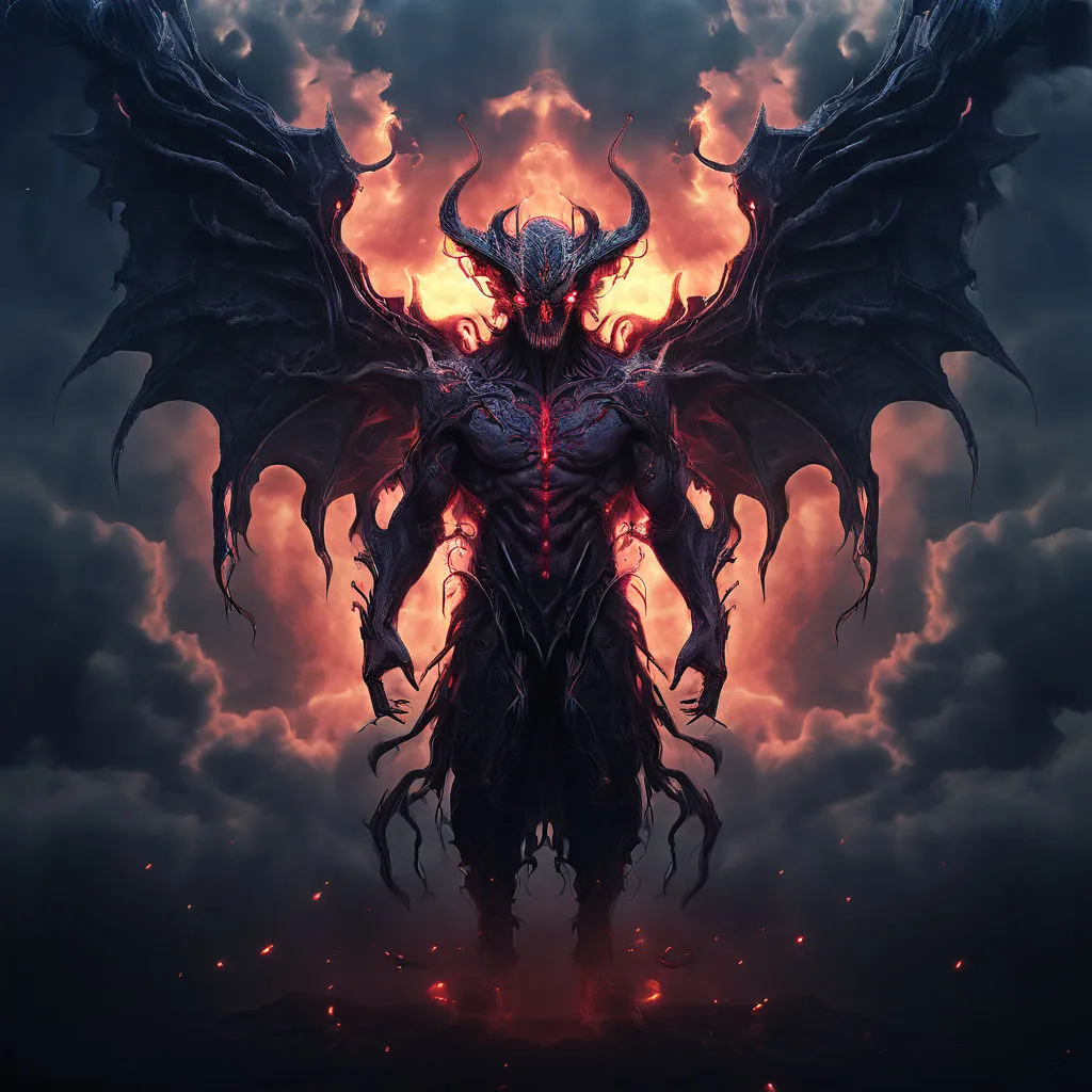 a demonic demon standing in front of a dark background