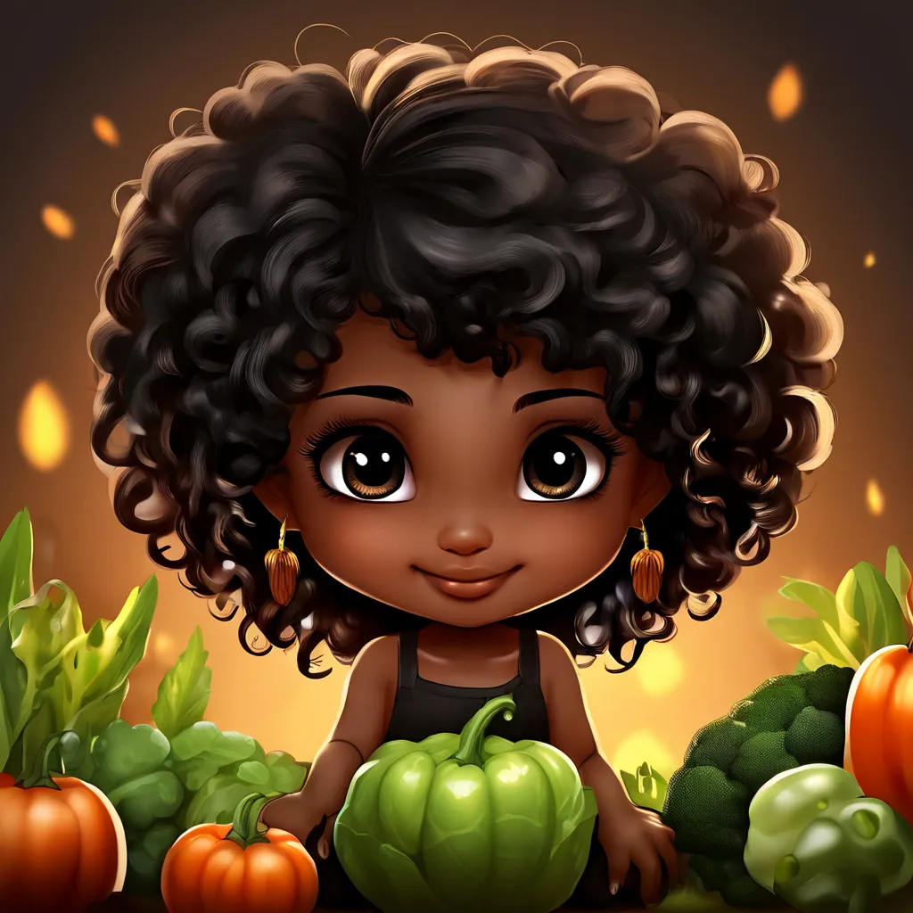 a digital painting of a black girl surrounded by vegetables