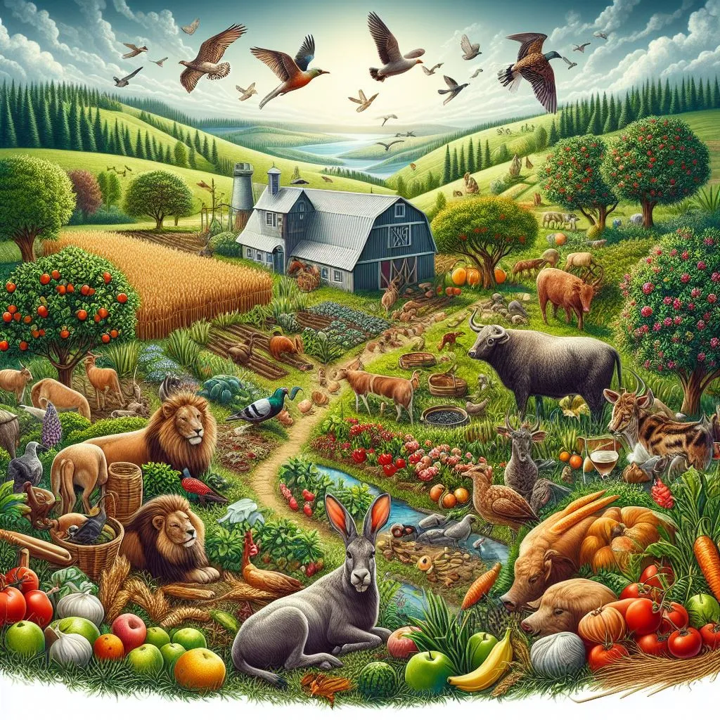 a painting of a farm scene with animals and birds