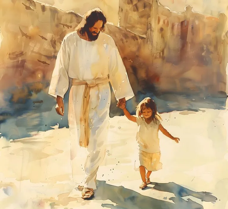 a painting of jesus walking with a little girl