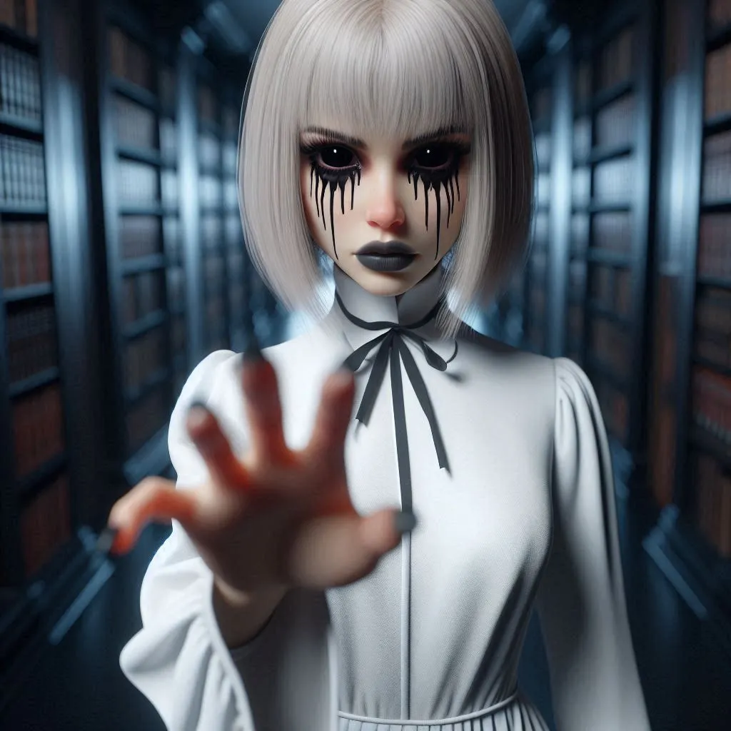 a creepy doll is standing in a dark room