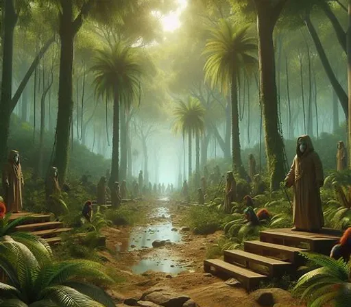 a painting of people in a jungle setting