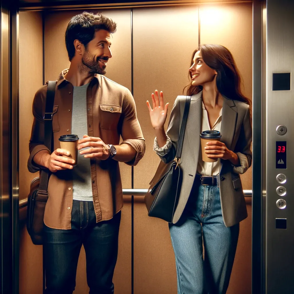 a man and a woman standing in a elevator