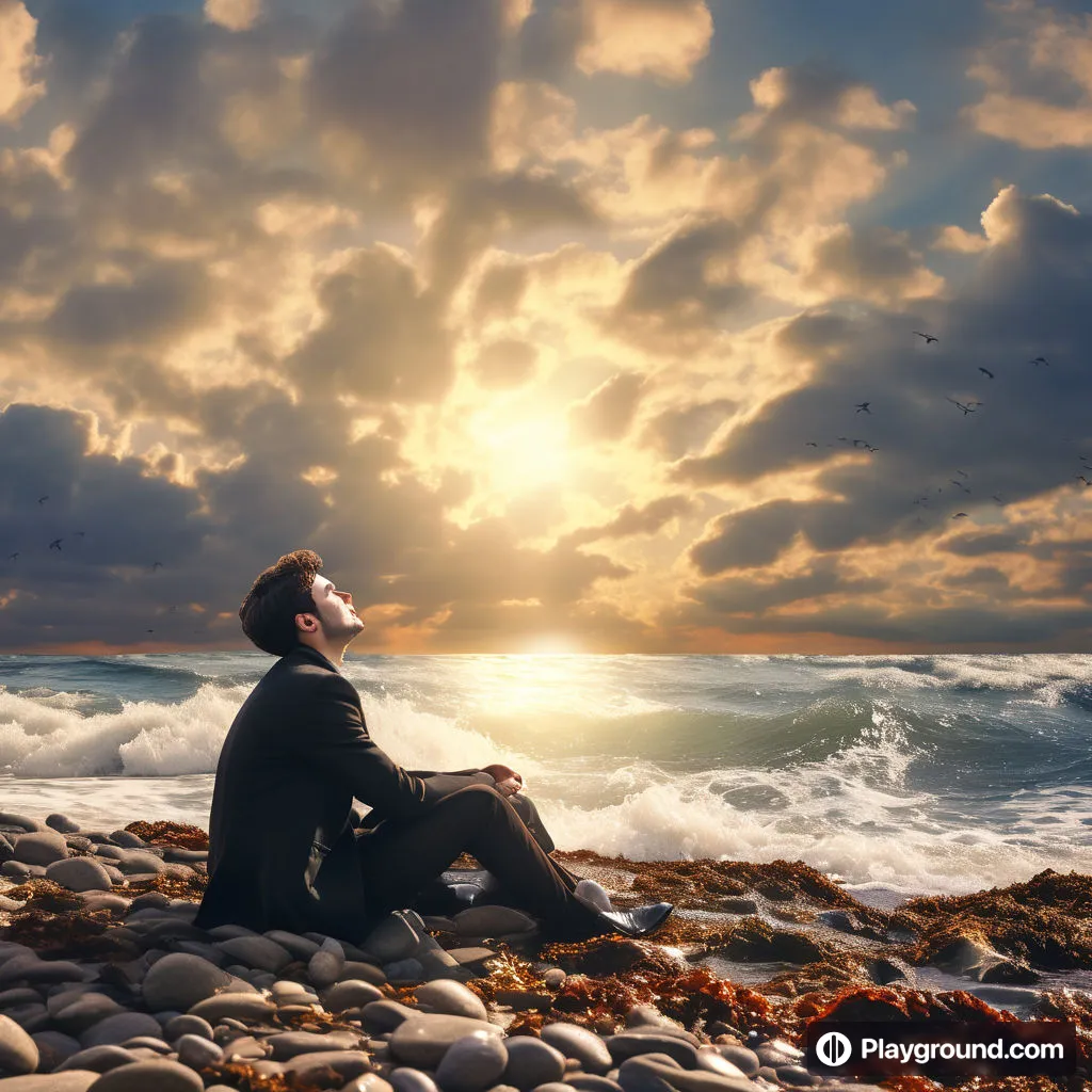 a man sitting on a rocky beach looking up at the sky