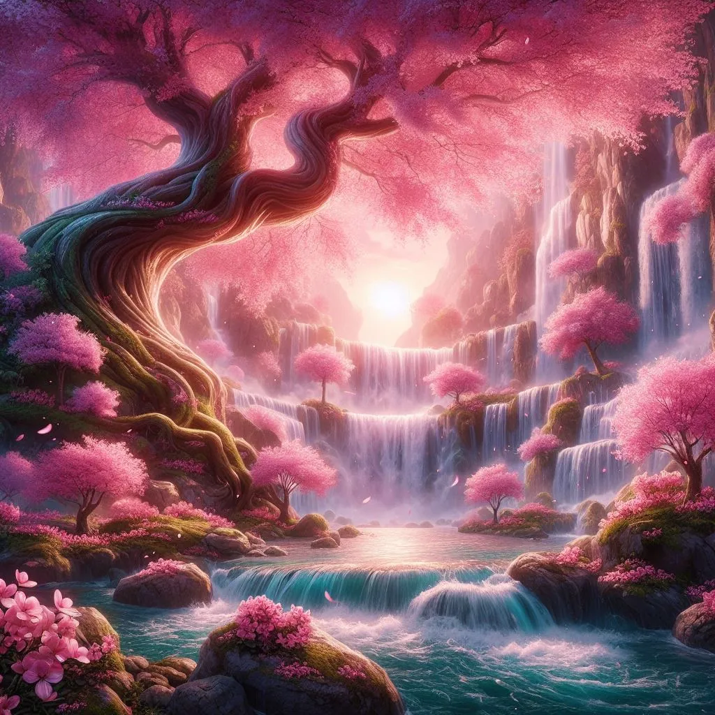 a painting of a waterfall with trees and flowers