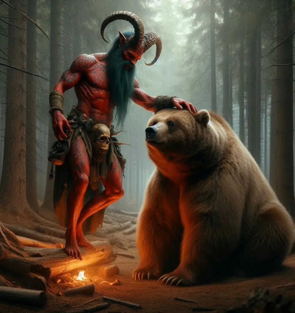  demon and a bear in the woods