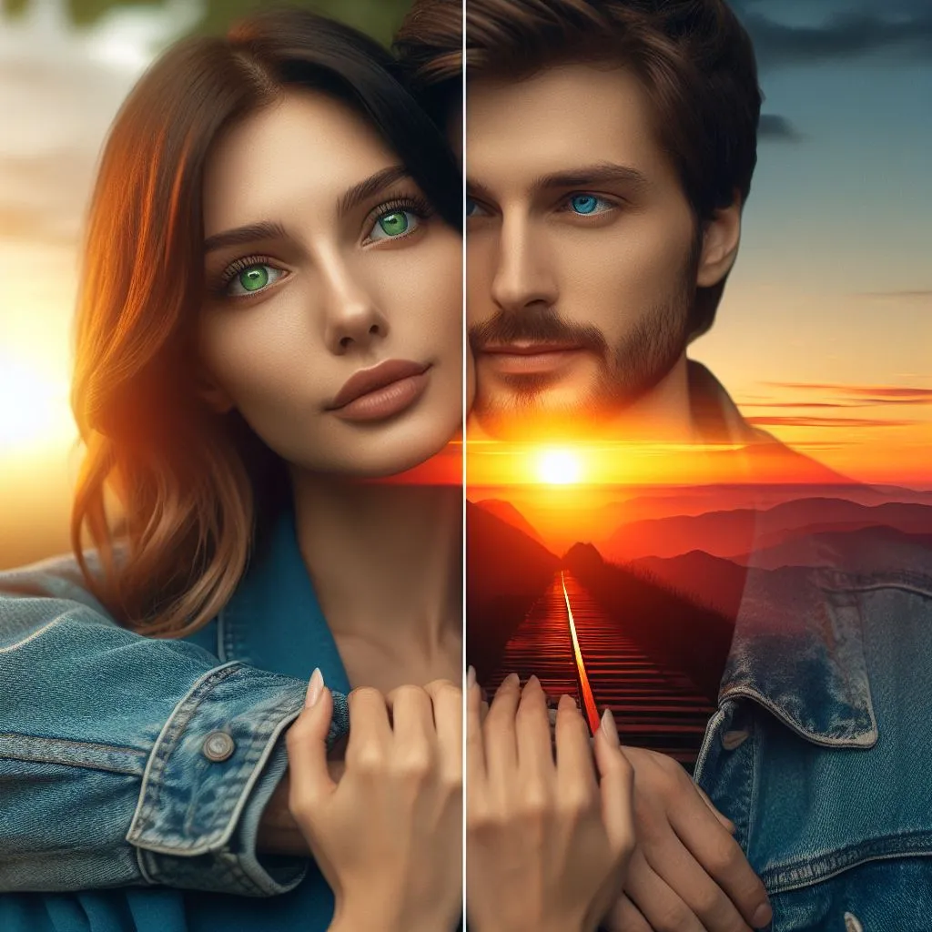 Time-lapse from sunrise to sunset, showing a woman with green eyes and a man with blue eyes in love 