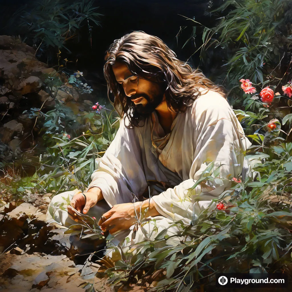 a painting of jesus sitting in a field of flowers