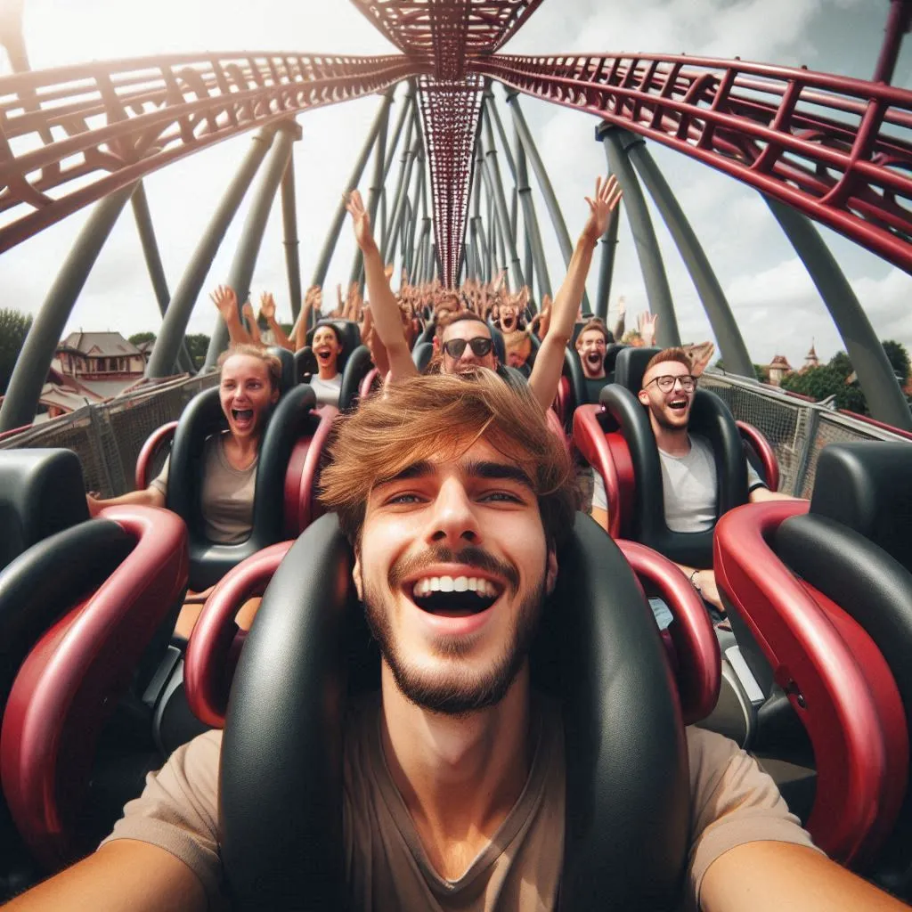 a group of people riding on top of a roller coaster