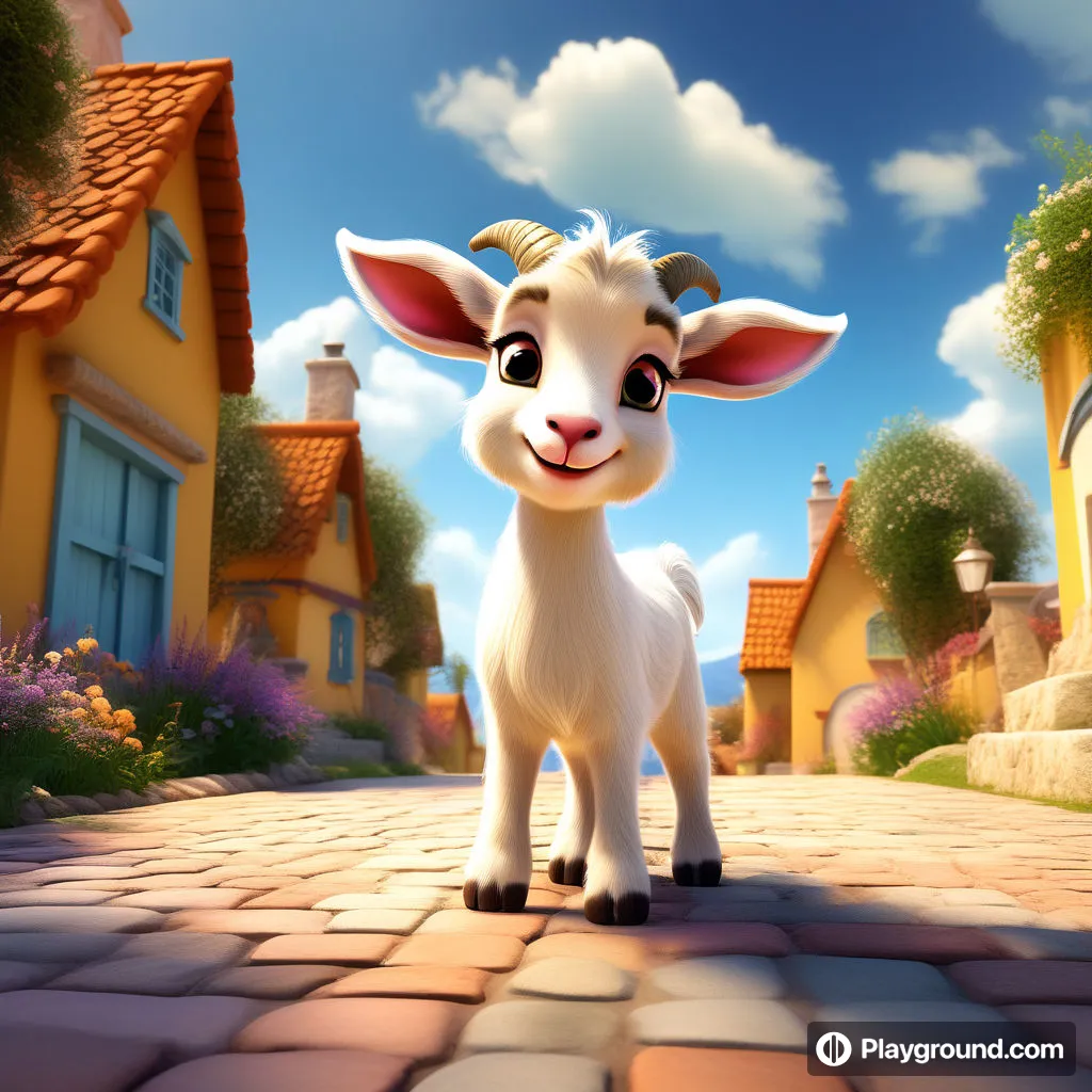 a cartoon goat standing on a cobblestone road