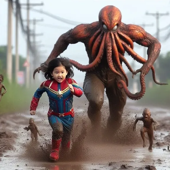 a little captain marvel running away from huge monster octopus