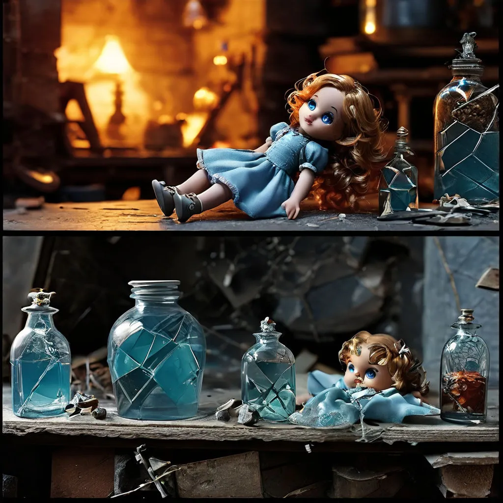 two pictures of a doll sitting on a table