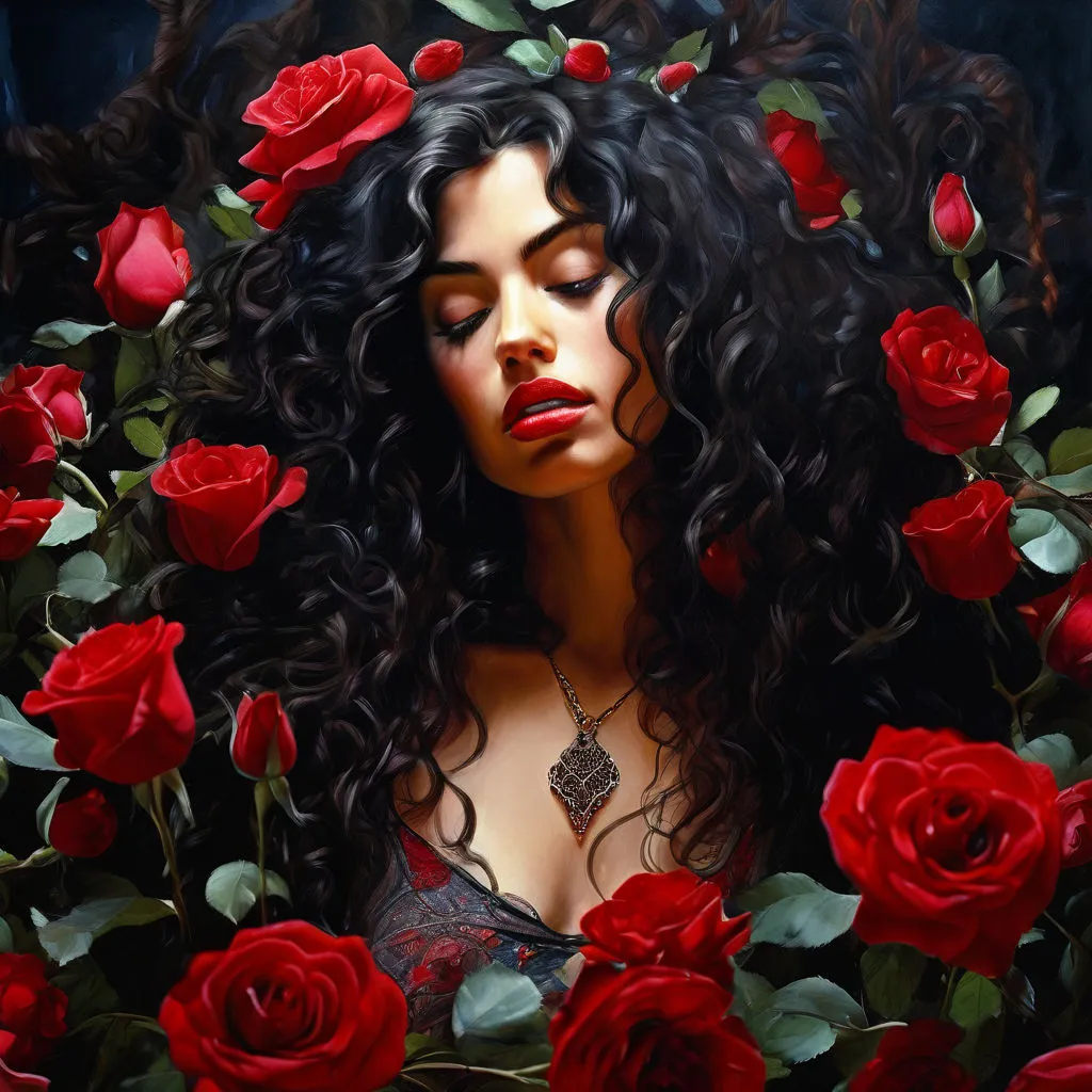 a painting of a woman surrounded by roses