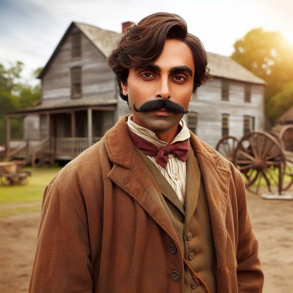 a indian man with a moustache and a mustache smiling, standing in front of a house