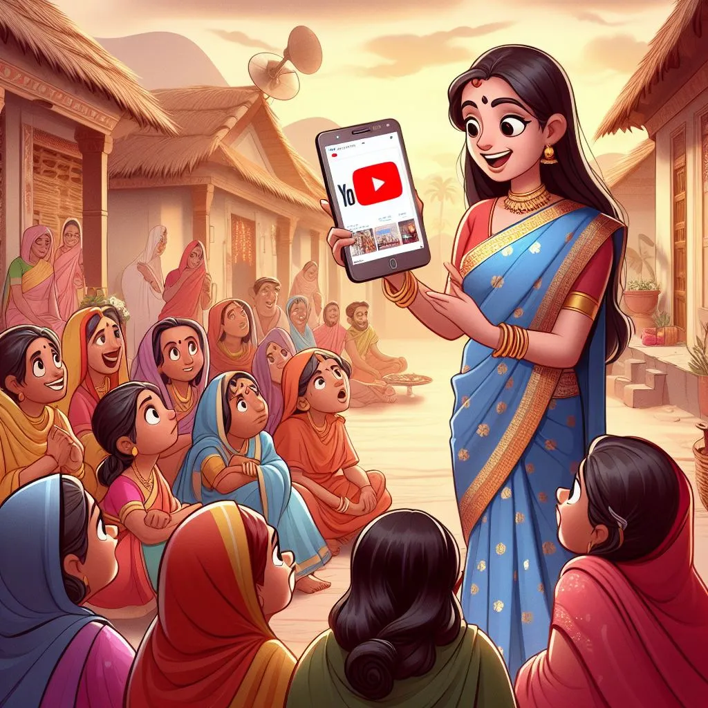 a cartoon of a woman holding a tablet in front of a group of people