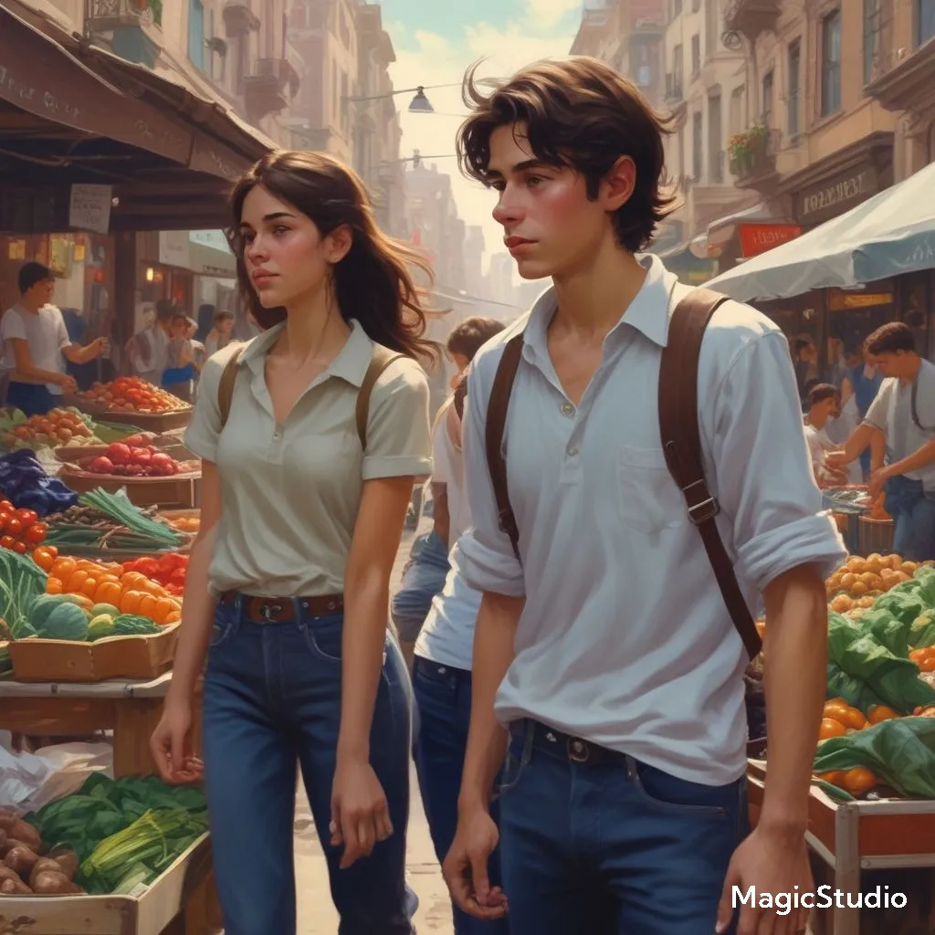 a painting of a man and a woman walking through a market laughing