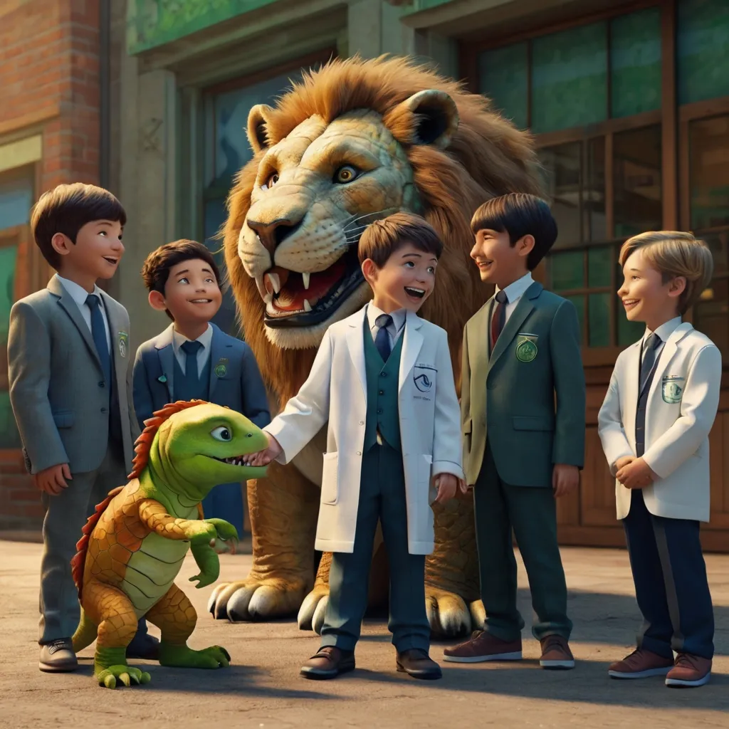 a group of children standing next to a lion, happy, moving, and talking to each other
