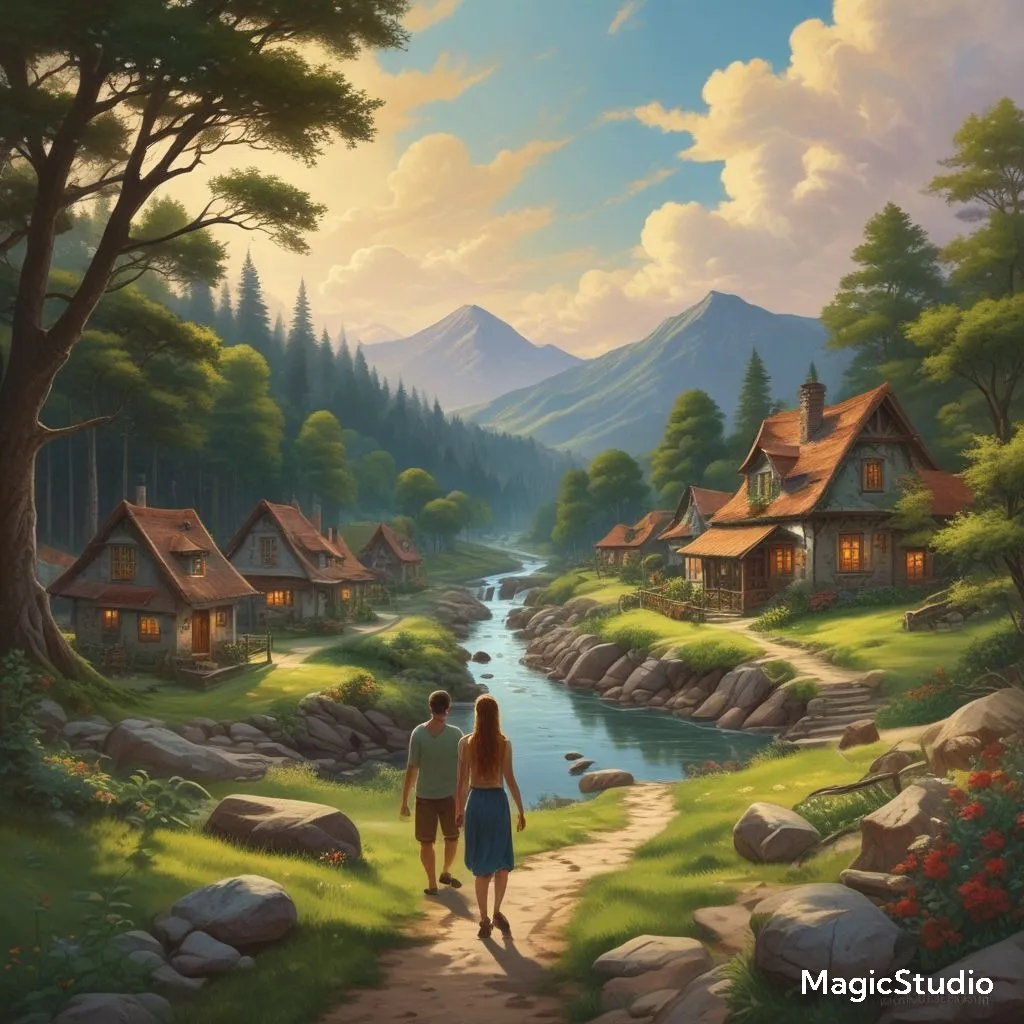 a painting of a man and a woman walking down a path