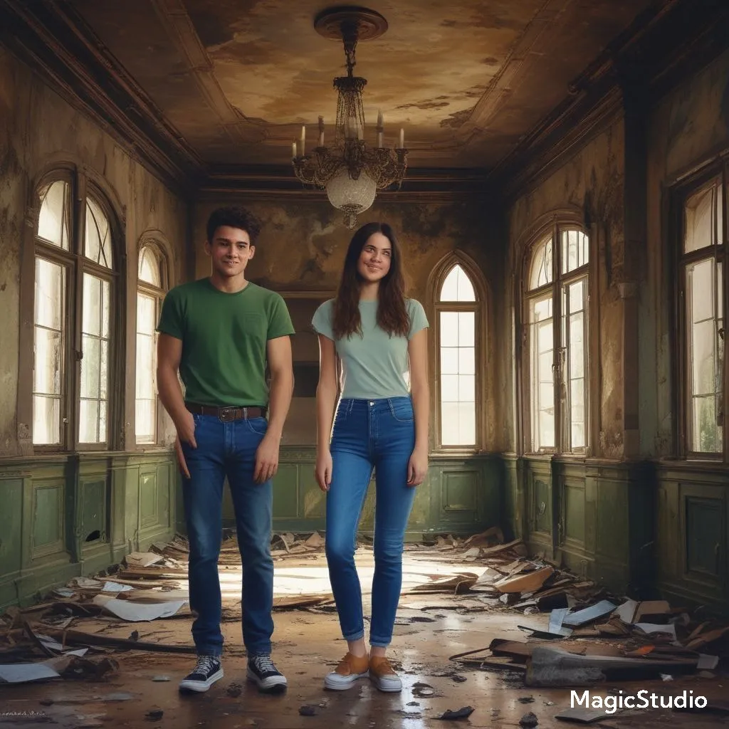 a man and a woman standing in an abandoned building smiling