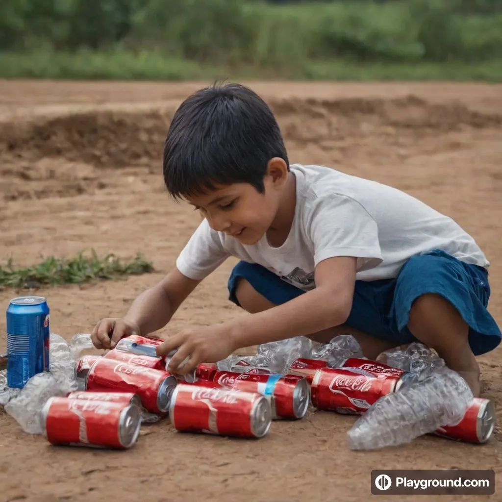 a boy playing with cans of soda on the ground