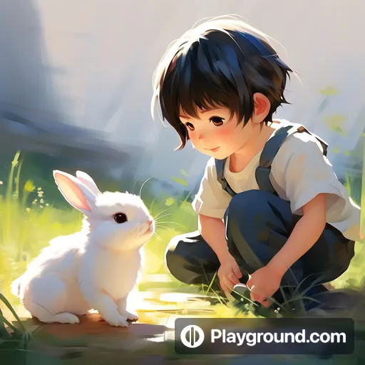 a little boy kneeling down next to a bunny