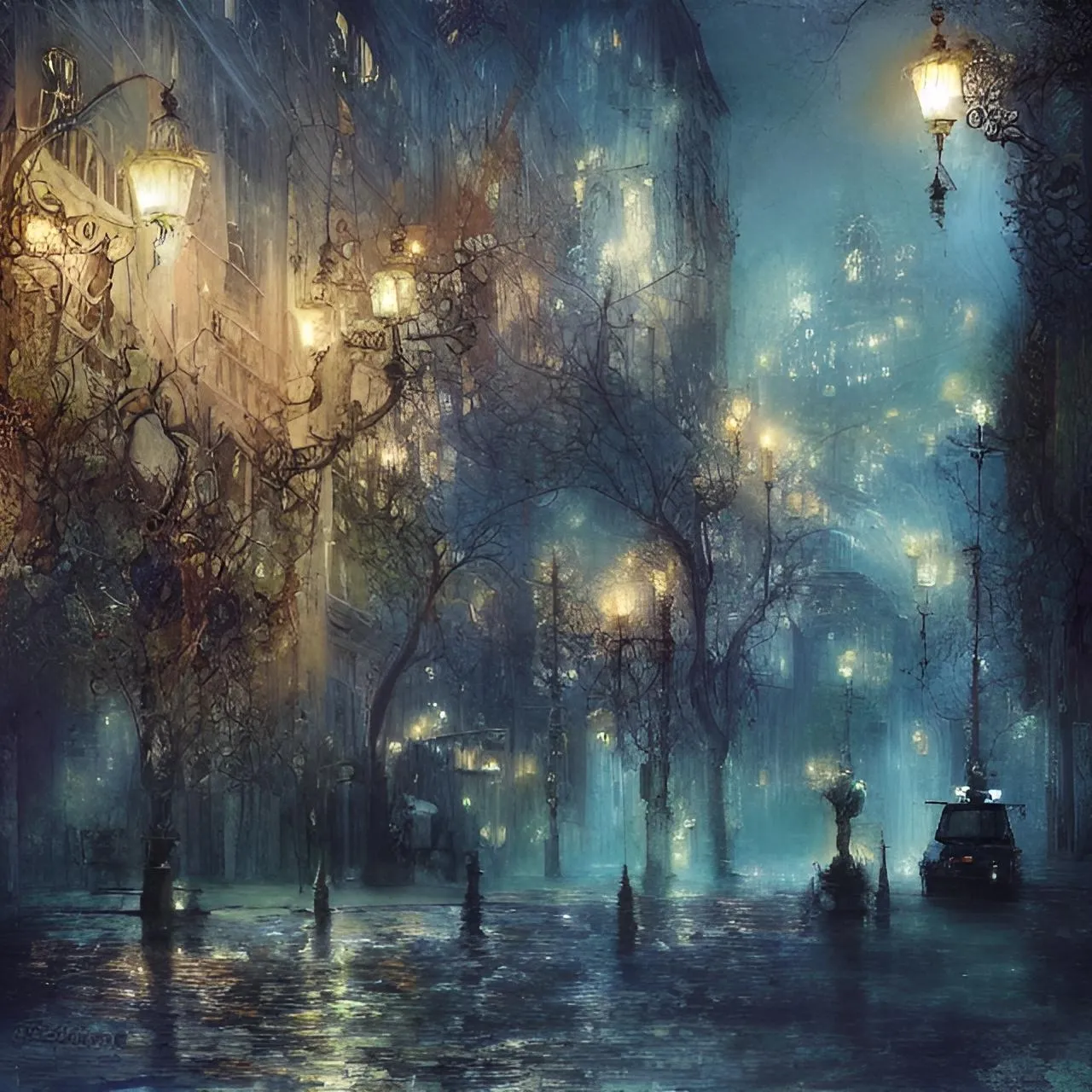 a painting of a city street at night