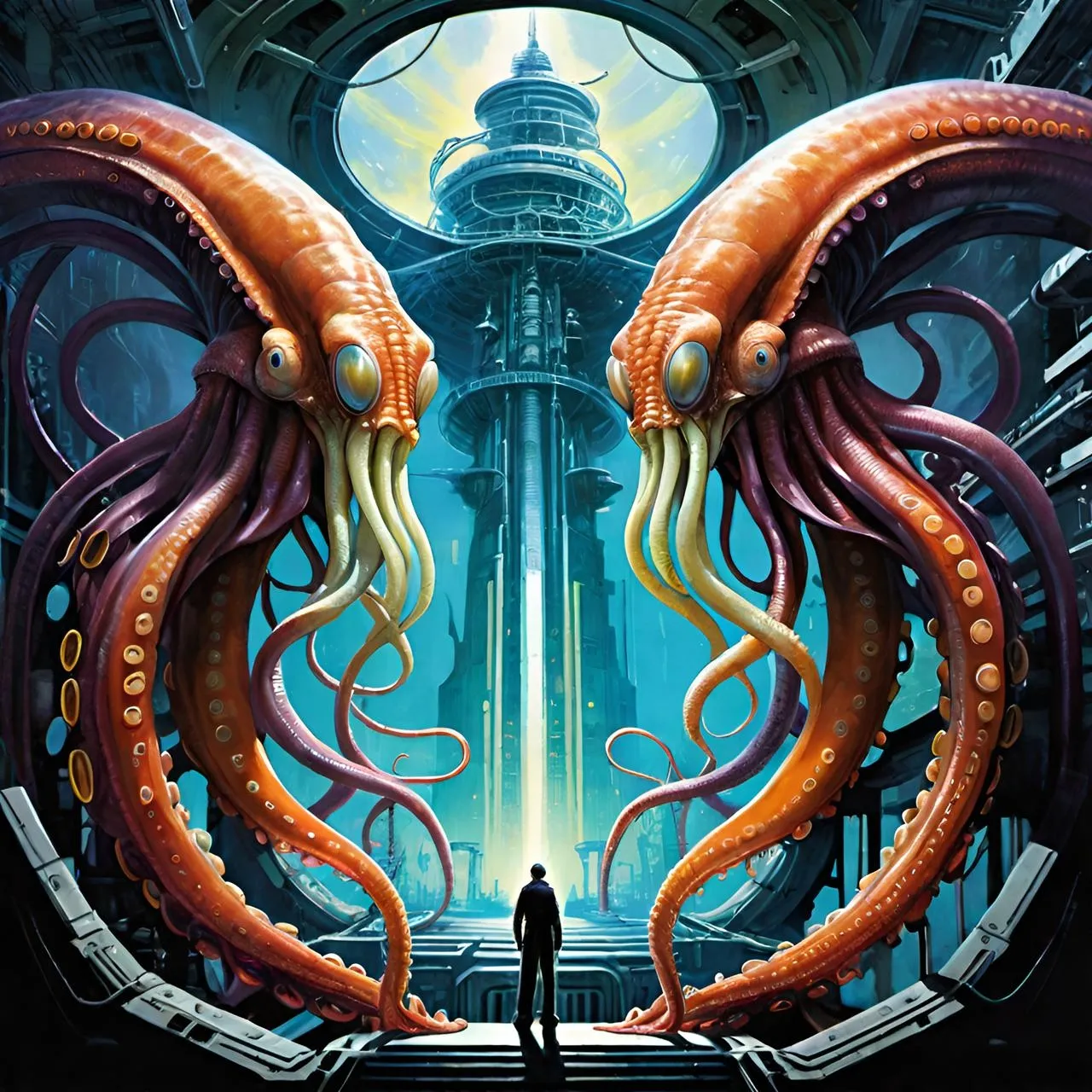 a man standing in front of a giant octopus