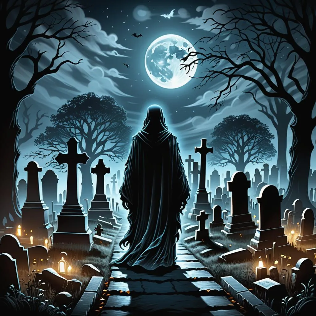 a person walking through a cemetery at night