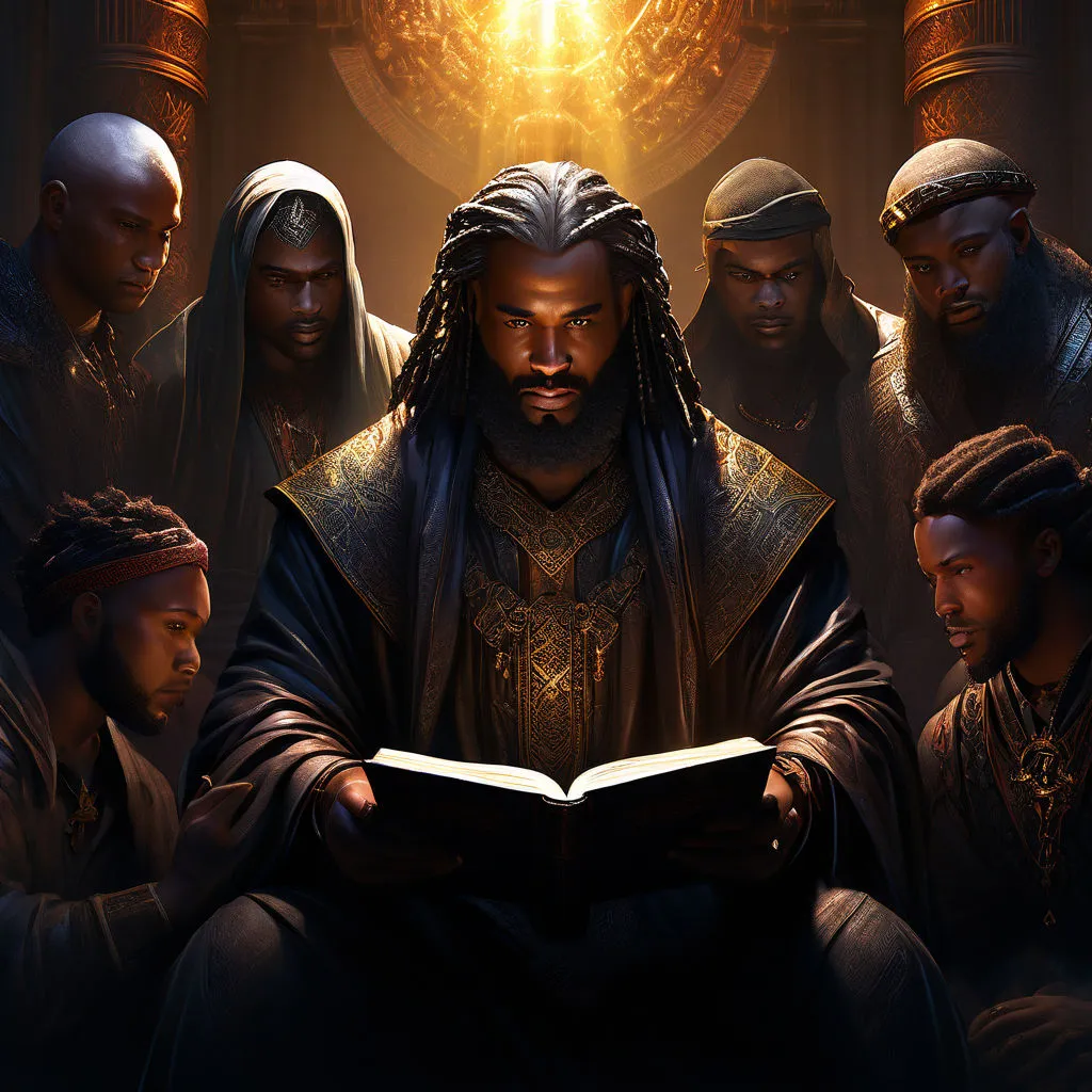 a man reading a book surrounded by other men