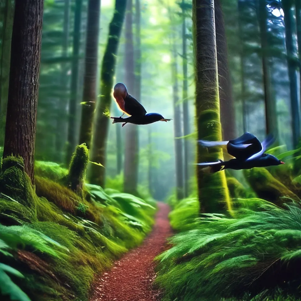 two birds flying in the air over a forest