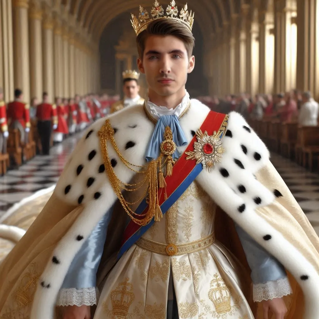 a man in a white and gold outfit with a crown