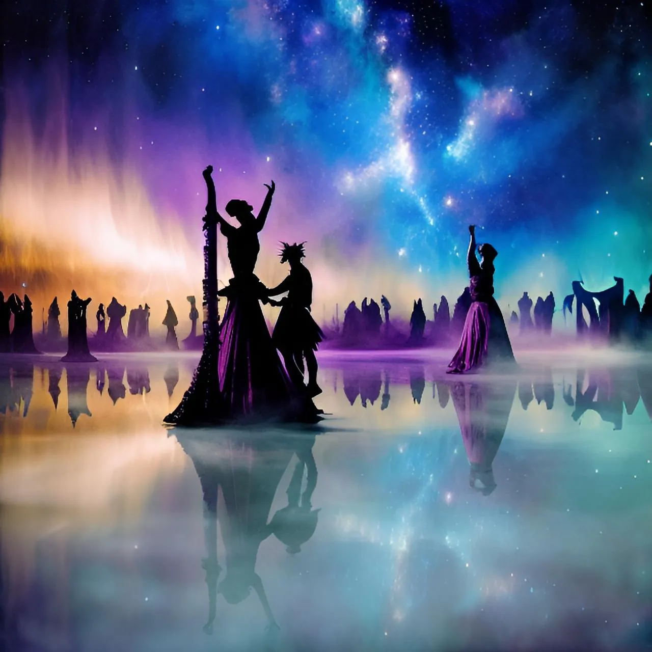 a group of people standing on top of a lake under a sky filled with stars