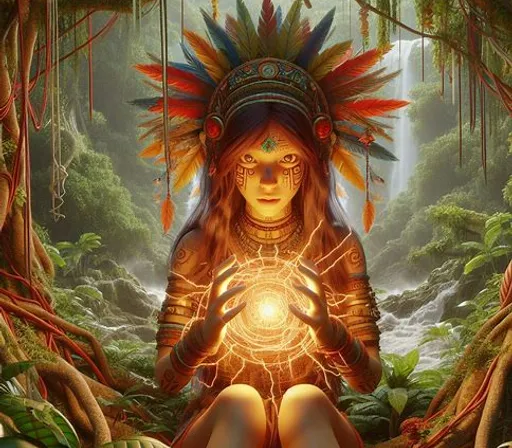 a painting of a woman holding a crystal ball in a forest